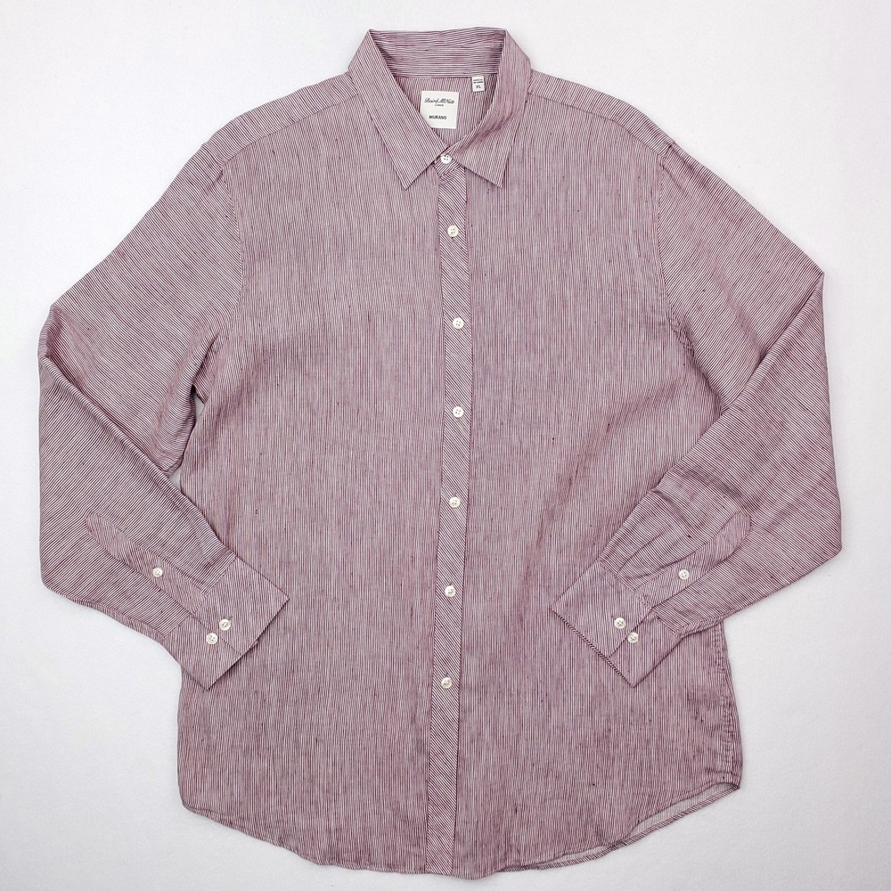 Murano Baird McNutt‎ Linen Shirt Mens XL Red White Striped Button Up Long Sleeve